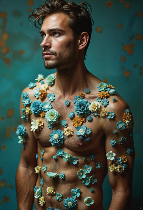 Surreal male portrait with flowers, floral masculinity art — BLOOMS by Domus Gallerus