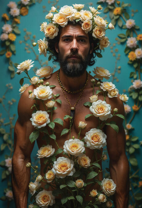 Surreal male portrait with flowers, floral masculinity art — BLOOMS by Domus Gallerus