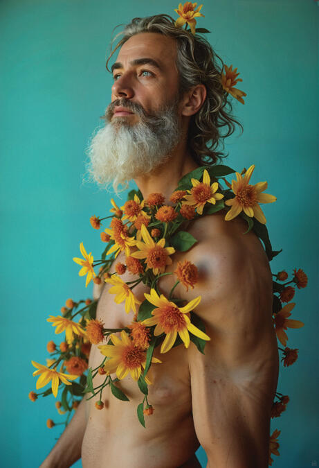Surreal male portrait with flowers, floral masculinity art — BLOOMS by Domus Gallerus