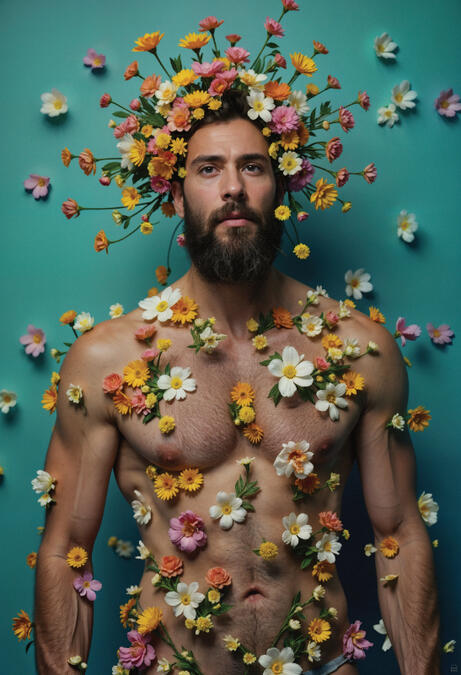 Surreal male portrait with flowers, floral masculinity art — BLOOMS by Domus Gallerus