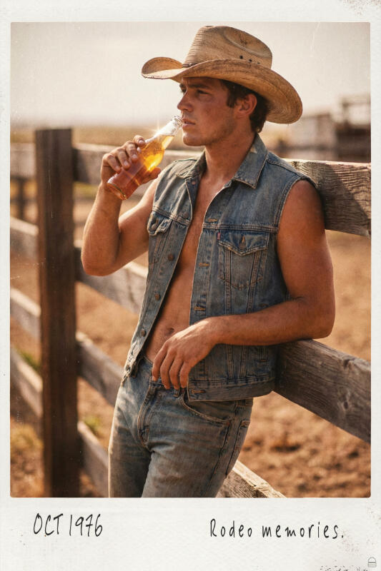 "A warm, grainy 1970s magazine-style portrait of a muscular, shirtless cowboy in a tan hat and jeans, leaning against a rustic barn beam and holding a can of beer."